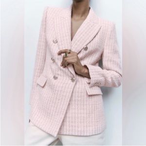 Zara Pink Tweed Double Breasted Structured Blazer S